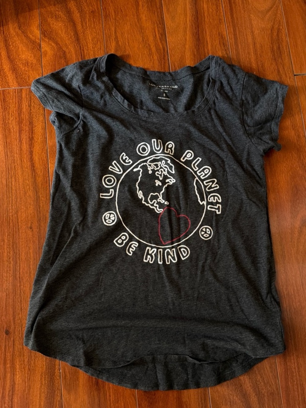 Lucky Brand Black 'Love Our Planet' Graphic Tee with Red Heart